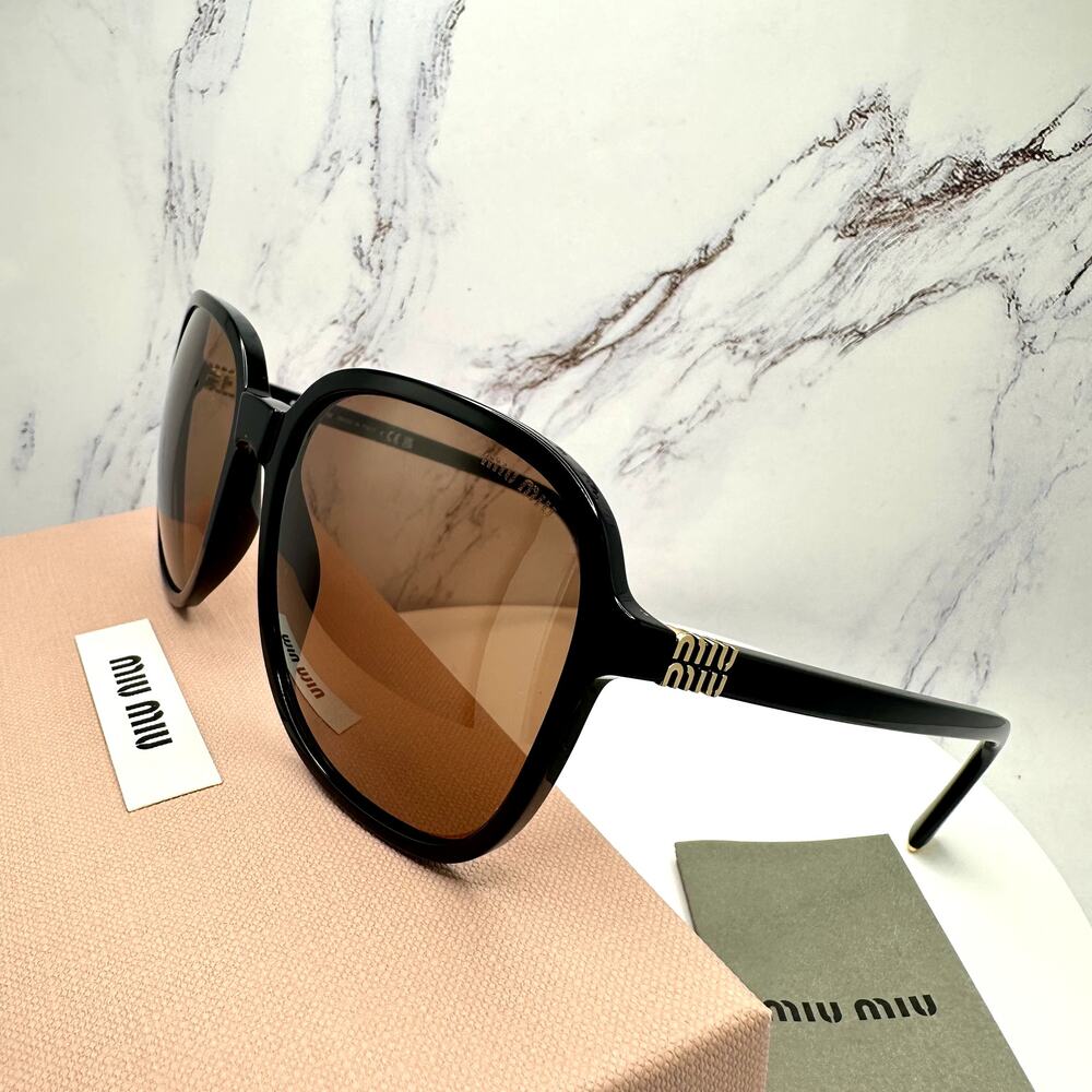 New MIU MIU Sunglasses MU B01S 16K90Q Black Brown Lens Oversized Pillow Square - Picture 7 of 16